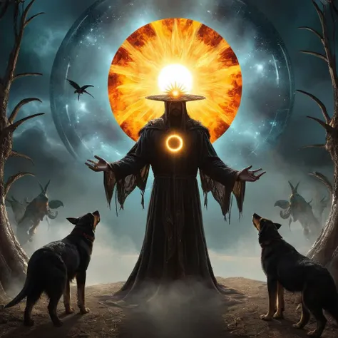 Dark Fantasy Art of  <lora:Dark Art Painting Style:1>
a painting of a giant man holding creatures in his hand with a giant circle sun behind him in an epic fantasy scene dark art painting style, dark, moody, dark fantasy style