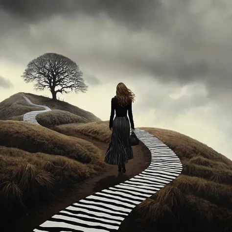 Dark Fantasy Art of <lora:Dark Art Painting Style:1>
a painting of a woman walking down a striped hill dark art painting style, dark, moody, dark fantasy style