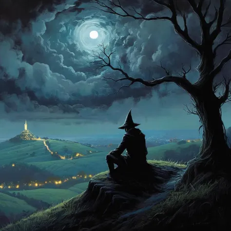 Dark Fantasy Art of <lora:Dark Art Painting Style:0.9>
a landscape painting of a person sitting on a hill at night dark art painting style, dark, moody, dark fantasy style