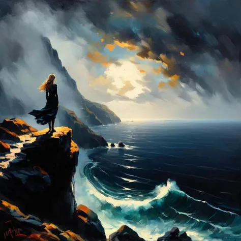 Dark Fantasy Art of <lora:Dark Art Painting Style:1>
a painting of a woman standing on a cliff by the ocean dark art painting style, dark, moody, dark fantasy style
