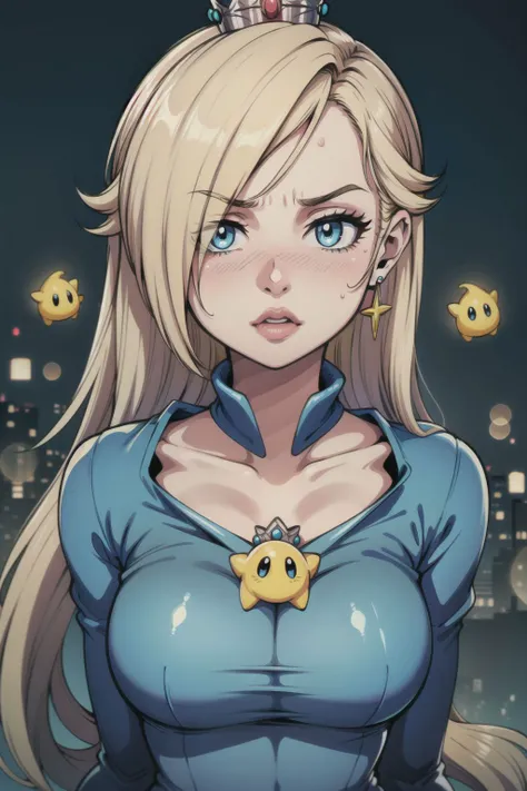 Digital painting of a woman with royal blue and yellow hair, super hero, muscle girl, pose, fist up, ((from above)), 1knee up, Behance Contest Winner, Afrofuturism, Synthwave, neon, glowing neon, sagging massive breasts, mini highschool skirt, cape, sweat, glossy silky skin, smile,  in space, 