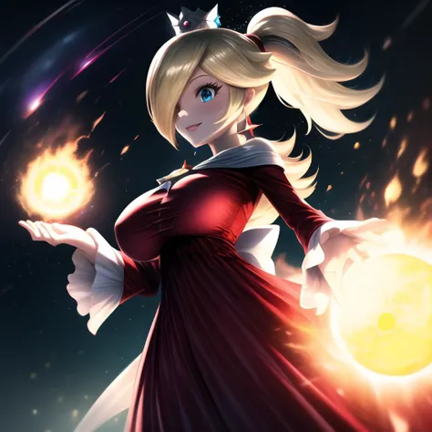 masterpiece, best quality, 1girl, solo, rosalina, red dress, ponytail, crown, huge breasts, fireball, light smile, standing, space background  <lora:Rosalina (Mario):1>, <lora:more_details:0.7>, <lora:beautifulDetailedEyes_v10.:0.9>