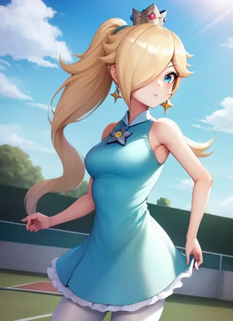 masterpiece, best quality, rosalina, 1girl, solo, tenniswear, white pantyhose, ponytail, crown, standing, upper body, close-up, outdoors, tennis court, blue sky, clouds <lora:Rosalina (Mario):1>