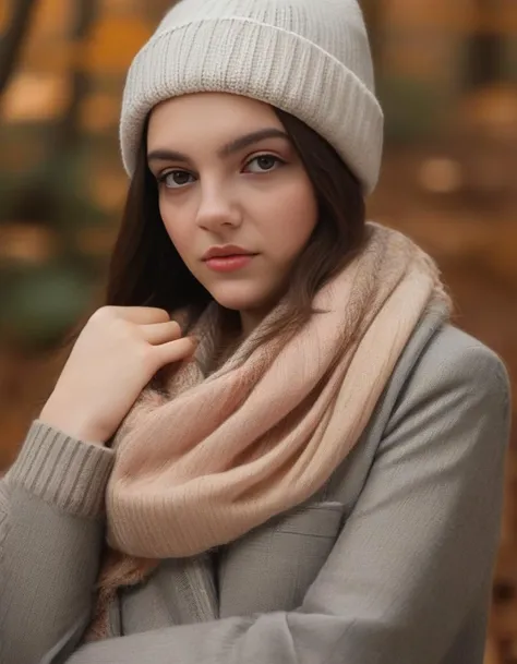 EmilyCarey,<lora:EmilyCareySDXL:1>Pretty girl with warm hat and warm shawl in the forest, close-up
