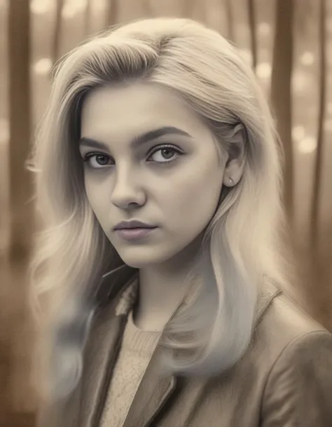 EmilyCarey, portrait,close up of a Serbian Female, Alhambresque Blonde hair, autumn forest, Bokeh, Rough sketch, 60s Art, Sepia filter, dripping with DayGlo blue, poster art, <lora:EmilyCareySDXL:1>