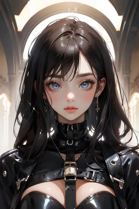 edgHarness, wearing edgHarness, leather harness, <lora:edgHarnessExpressv1:1>, 1girl, solo, sparkling eyes, looking at viewer, portrait, upper body, masterpiece, best quality, beautiful and aesthetic, official art, professional illustration, hires, amazing