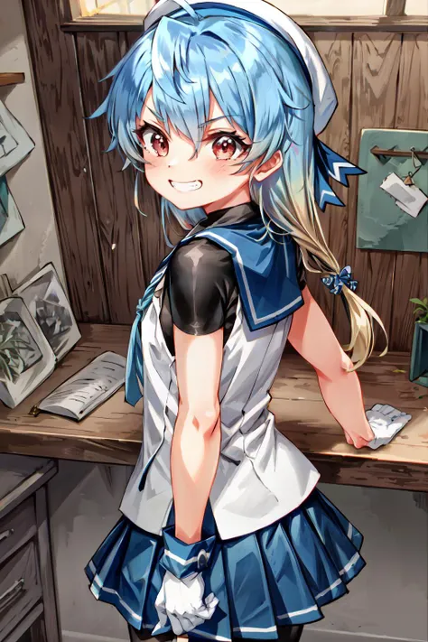 (masterpiece, best quality, illustration, delicate details, 8K:1.2), (studio light, best shadow, picturesque),
BREAK, (sharp eyeliner, (symmetric eyes, perfect eyes, detailed eyes), finely detailed beautiful face, perfect anatomy), red eyes,
BREAK, nice hands, perfect hands, hand by Guido Daniele,
BREAK, 1girl, solo,
BREAK, SadoKC, long hair, sailor hat, white headwear, sleeveless shirt, undershirt, blue sailor collar, blue pleated skirt, black pantyhose, white gloves, blue ribbon, (feet out of frame),
BREAK, cowboy shot, looking back, looking at viewer, (indoor, office), (fang, grin, standing, from above),
BREAK, <lora:add_detail:0.6>, <lora:eyes:0.5>, <lyco:hands:1>, <lora:Sado-10:1>