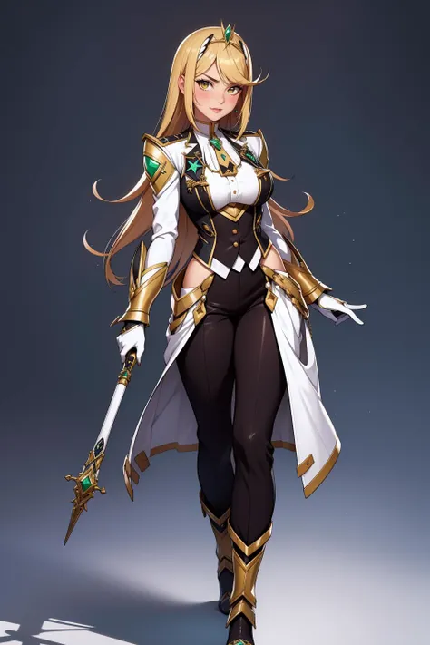 1girl, solo, adult mature woman, age 30, high quality, best quality, highres, high detail, rim lighting,god rays <lora:Char_xbc2-Mythra:0.9> mythradef, tiara, chest jewel, (white gloves), standing, butler outfit, vest, tailcoat:1.2, elegant and sophisticated, Victorian era influence, tailored jacket, crisp white shirt, ascot, high-waisted trousers, polished leather boot heels, detailed embroidery, monochrome color palette, cinematic lighting 8k resolution,