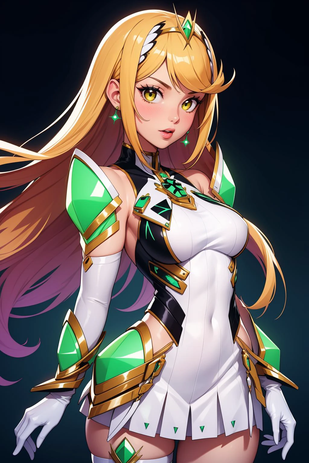 1girl, solo, adult mature woman, age 30, high quality, best quality, highres, high detail, rim lighting,iridescent aura <lora:Char_xbc2-Mythra:0.9> mythradef, tiara, white dress, chest jewel, white gloves, elbow gloves, thigh strap, earrings