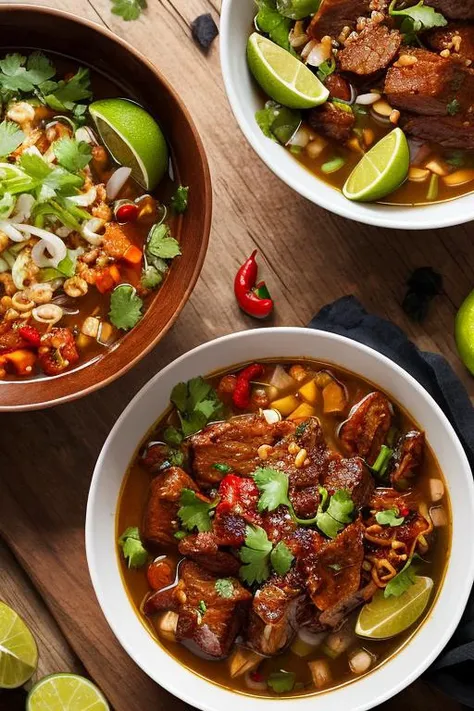 bowl of rawon with meat and chili sauce on wooden table with lime, fried onion, photography, realistic,  <lora:ARWRawon:1>
