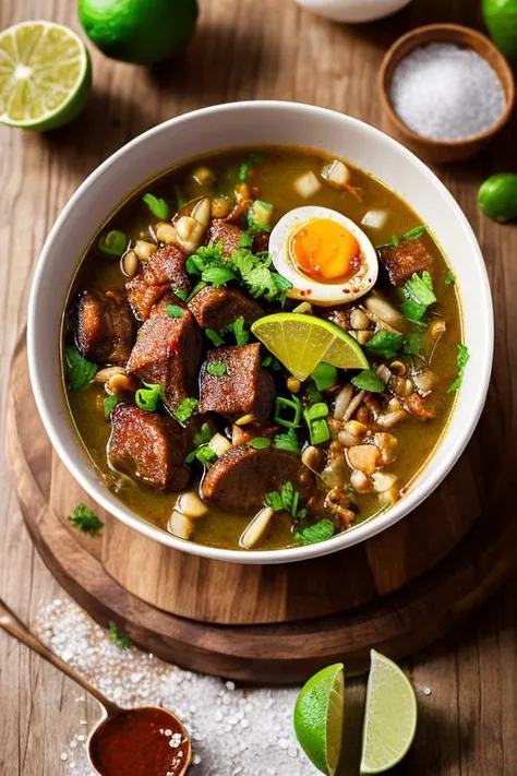 bowl of rawon with meat and salt egg and chili sauce on wooden table with lime, hot steam, photography, realistic, <lora:ARWRawon:1>