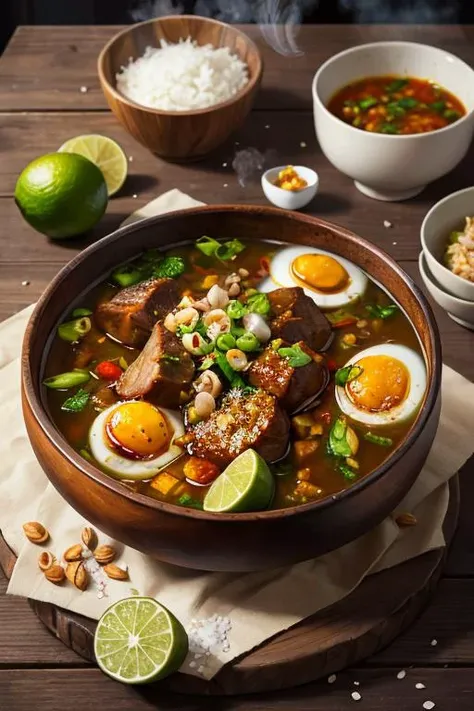 bowl of rawon with meat and salt egg and chili sauce on wooden table with lime, hot steam, photography, realistic,  <lora:ARWRawon:1>
