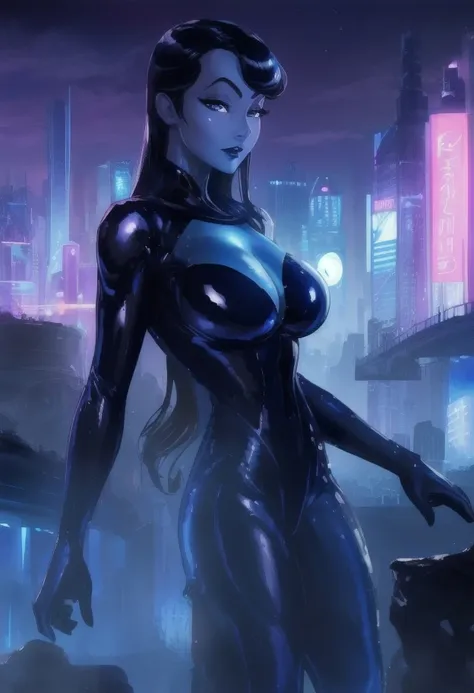 high resolution, masterpiece, high quality, promo art, <lora:Inque:.8>, futuristic city, night time, Inque, (blue skin), oily black hair, black and blue slime suit, large breasts,