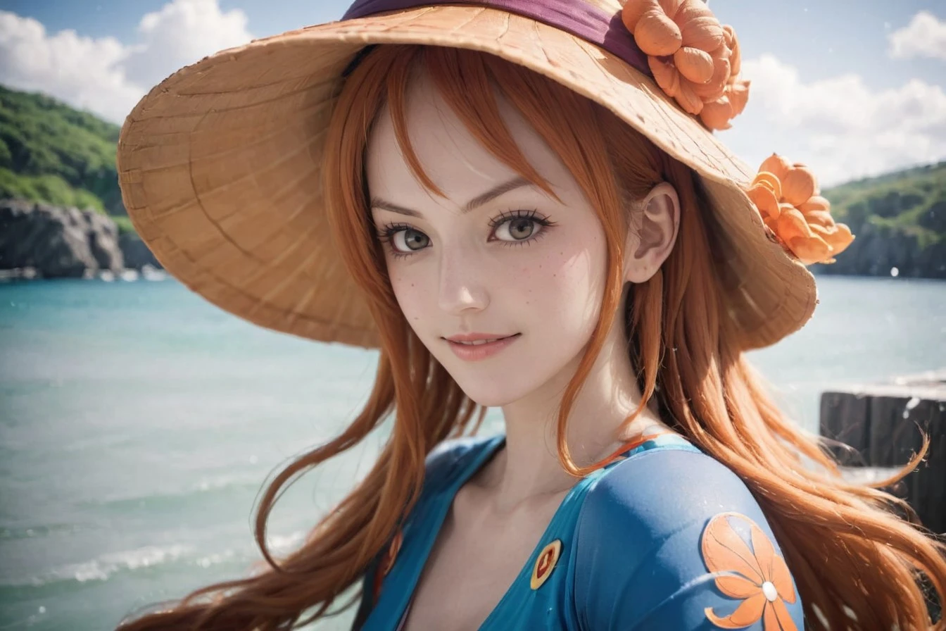 photorealistic, (realistic:1.4),masterpiece, portrait, photograph by Olympus OM-5 camera,film tone, film grain,freckles,skin tone
Nami, beautiful woman One piece character, a happiness smiling face, Weather-Wielding Sorceress: Known for her ability to control the weather using her Clima-Tact staff, Nami's power is encapsulated in the moment she commands the elements, emphasizing her unique skills in the One Piece universe. <lora:OnePieceNami_04-pruned:1>