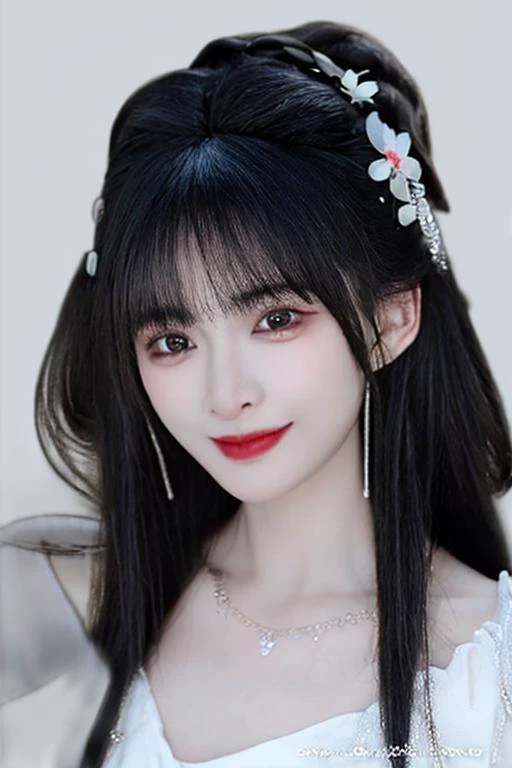masterpiece, best quality, a woman in a white dress with a flowered headpiece and a pearl necklace on her head, posing for a picture, 1girl, solo, asian, blurry, black_hair, upper_body, floral_print, red_lips, lips, depth_of_field, realistic, hanfu, old chinese clothes, <lora:taiwanDollLikeness_v20:0.8>, <lora:GuoFeng3.2_Lora:0.6> , <lora:love-lilizai-lora:0.9>,
