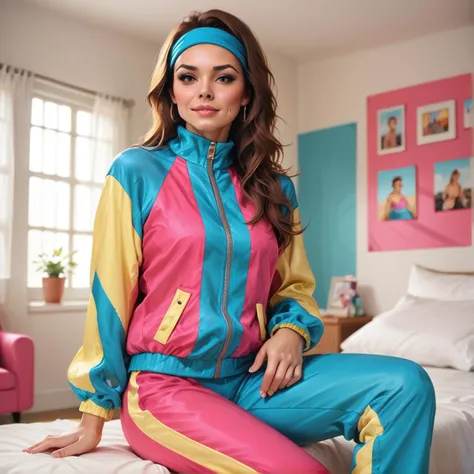 score_10, score_9_up, score_8_up, 1girl, photorealistic, hud_jggr, colorful jacket, zipper, pants, hairband, aerobics, navel, fun, sweat, posh background, indoors, home, rich, exhausted, cleavage <lora:1980sjoggingsuit:0.7>