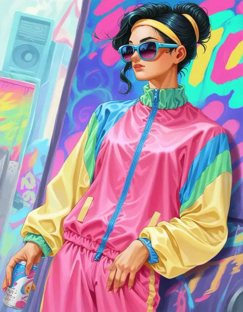 vaporwave style score_9, score_8_up, score_7_up, score_6_up, score_5_up, score_4_up, 1girl, solo, long black hair updo, hud_jggr, colorful jacket, zipper, pants, hairband, <lora:1980sjoggingsuit:0.8>, standing, curb, graffiti, boombox, sunglasses, spray can,  . retro, neon, pixelated, nostalgic