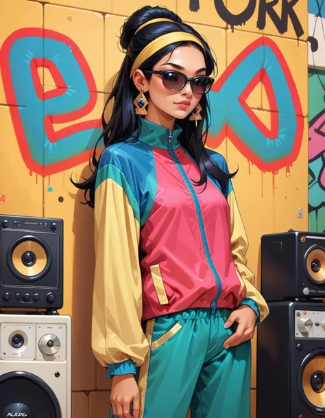 score_9, score_8_up, score_7_up, score_6_up, score_5_up, score_4_up, 1girl, solo, long black hair updo, hud_jggr, colorful jacket, zipper, pants, hairband, <lora:1980sjoggingsuit:0.8>, standing, curb, graffiti, boombox, sunglasses