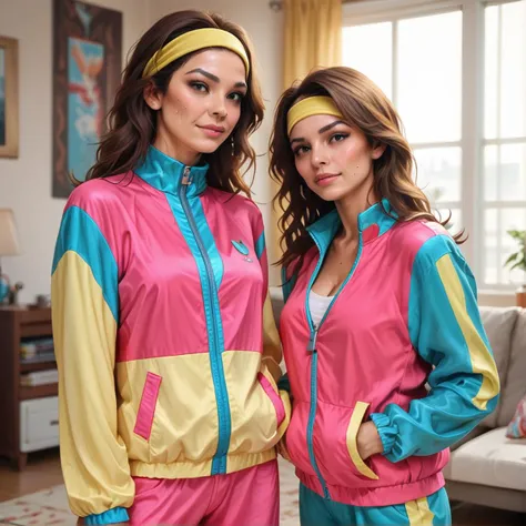 score_10, score_9_up, score_8_up, 1girl, photorealistic, hud_jggr, colorful jacket, zipper, pants, hairband, aerobics, navel, fun, sweat, posh background, indoors, home, rich, exhausted, cleavage <lora:1980sjoggingsuit:0.7>
