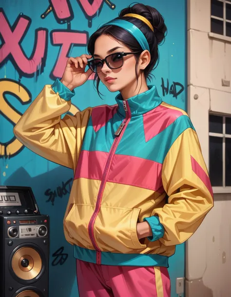 score_9, score_8_up, score_7_up, score_6_up, score_5_up, score_4_up, 1girl, solo, long black hair updo, hud_jggr, colorful jacket, zipper, pants, hairband, realistic, <lora:1980sjoggingsuit:0.6>, standing, curb, graffiti, boombox, sunglasses