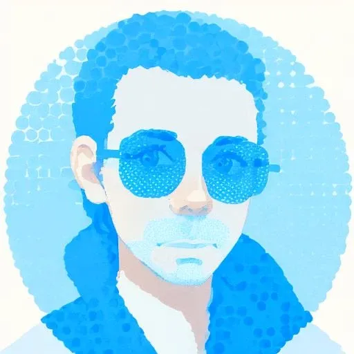 portrait of a man wearing sunglasses, c0b1<lora:c0b1:0.7> , white background, blue theme, simple background, dots, halftone