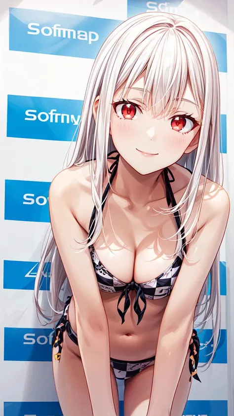 masterpiece,best quality,highres,illustration,hyper detailed,8k cg wallpaper,ray tracing,((white hair:1.3)),((long hair:1.2)),((red eyes:1.2)),((straight hair:1.3)),medium breasts,(hiten1:0.8),<lora:add_detail:1>,((black bikini:1.2)),((reinokabe:1.2)),((checkered wall:1.2)),english text,((checkered background:1.2)),((front-tie bikini top:1.2)),((side-tie bikini bottom:1.2)),((leaning forward:1.1)),(pov:1.1),((bare arms:1.1)),((smile:1.1)),<lora:rei_no_kabe_SD15_V1:0.9>,