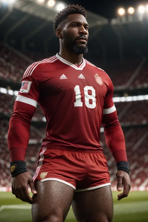 photo of black man wearing soccer uniform, dark skin, retrosoccer, red jersey, red shorts, long sleeves, goalie gloves, white socks, cleets hands on hips, stadium, realistic, beard masterpiece, highres, cinematic lighting, perfect face, detailed face,detailed eyes, detailed dress , full body <lora:RetroSoccer-000002:0.8>