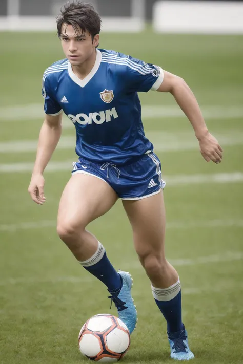 handsome man  wearing a vintage soccer uniform, jersey, shorts, socks, cleets, running on a soccer grass, soccer ball, backlighting, sparkles, digital colors, vibrant picture, perfect design, masterpiece, highres, detailed picture, detailed face, detailed eyes, full body, perfect face <lora:RetroSoccer-000002:1>
