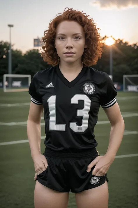 photo of redhead woman wearing soccer uniform,medium hair, curly, retrosoccer, black jersey, black shorts, socks, black cleets , short sleeves, masterpiece, highres, sunset, cinematic lighting, perfect face, detailed face,detailed eyes, full body <lora:RetroSoccer-000002:1>