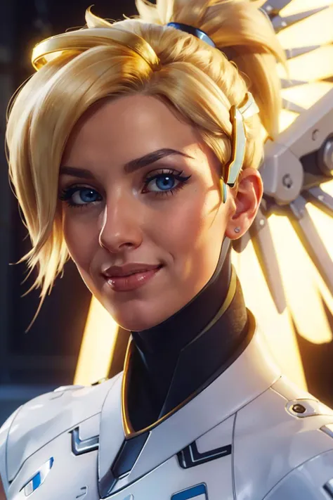 mercy, blonde hair, ponytail, blue eyes, (halo, mechanical wings), bodysuit, looking at viewer, smiling, close up portrait, inside, bright lighting, high quality, masterpiece,<lora:OverWatch_Mercy-DEF:.7>