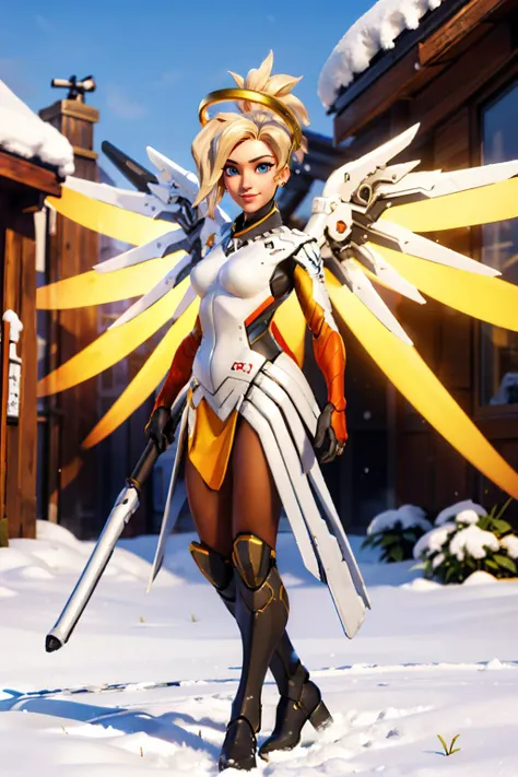 mercy, blonde hair, ponytail, blue eyes, (halo, mechanical wings), bodysuit, pantyhose, boots, looking at viewer, smiling, standing, full body shot, holding a staff, outside, city, store, snow, winter, sunny, high quality, masterpiece,<lora:OverWatch_Mercy-DEF:.7>