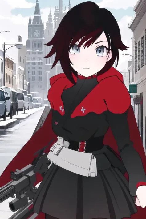 rubyrose, <lyco:rubyrose-lyco-nochekaiser:1>,
ruby rose, short hair, black hair, red hair, (grey eyes:1.5),
BREAK dress, weapon, pantyhose, cape, gun,,
BREAK looking at viewer,
BREAK outdoors,
BREAK <lora:GoodHands-vanilla:1>, (masterpiece:1.2), best quality, high resolution, unity 8k wallpaper, (illustration:0.8), (beautiful detailed eyes:1.6), extremely detailed face, perfect lighting, extremely detailed CG, (perfect hands, perfect anatomy),