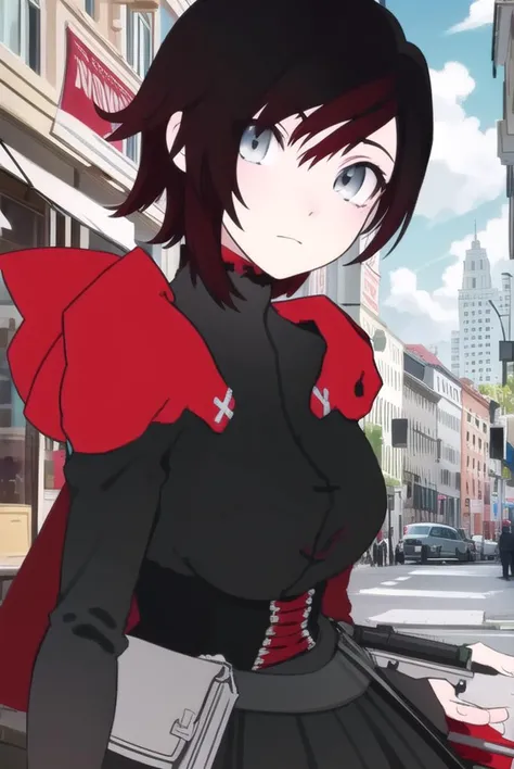 rubyrose, <lyco:rubyrose-lyco-nochekaiser:1>,
ruby rose, short hair, black hair, red hair, (grey eyes:1.5),
BREAK dress, weapon, pantyhose, cape, gun,,
BREAK looking at viewer,
BREAK outdoors,
BREAK <lora:GoodHands-vanilla:1>, (masterpiece:1.2), best quality, high resolution, unity 8k wallpaper, (illustration:0.8), (beautiful detailed eyes:1.6), extremely detailed face, perfect lighting, extremely detailed CG, (perfect hands, perfect anatomy),