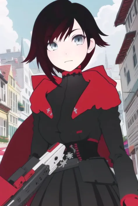 rubyrose, <lyco:rubyrose-lyco-nochekaiser:1>,
ruby rose, short hair, black hair, red hair, (grey eyes:1.5),
BREAK dress, weapon, pantyhose, cape, gun,,
BREAK looking at viewer,
BREAK outdoors,
BREAK <lora:GoodHands-vanilla:1>, (masterpiece:1.2), best quality, high resolution, unity 8k wallpaper, (illustration:0.8), (beautiful detailed eyes:1.6), extremely detailed face, perfect lighting, extremely detailed CG, (perfect hands, perfect anatomy),