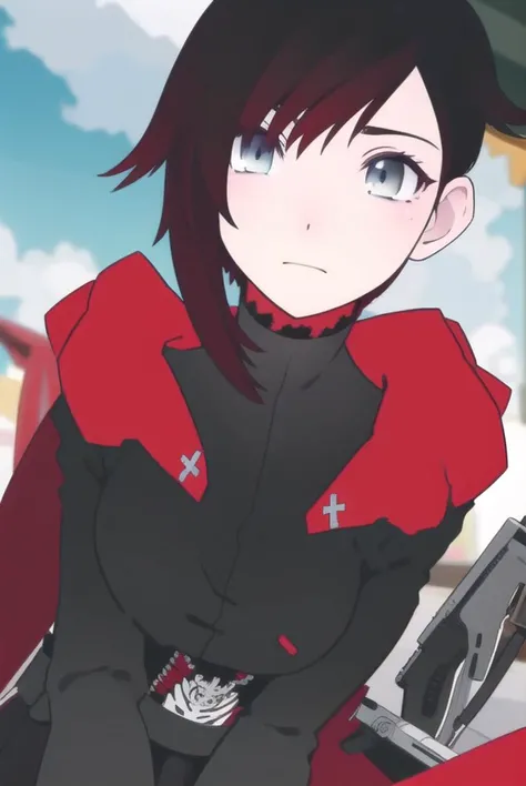 rubyrose, <lyco:rubyrose-lyco-nochekaiser:1>,
ruby rose, short hair, black hair, red hair, (grey eyes:1.5),
BREAK dress, weapon, pantyhose, cape, gun,,
BREAK looking at viewer,
BREAK outdoors,
BREAK <lora:GoodHands-vanilla:1>, (masterpiece:1.2), best quality, high resolution, unity 8k wallpaper, (illustration:0.8), (beautiful detailed eyes:1.6), extremely detailed face, perfect lighting, extremely detailed CG, (perfect hands, perfect anatomy),