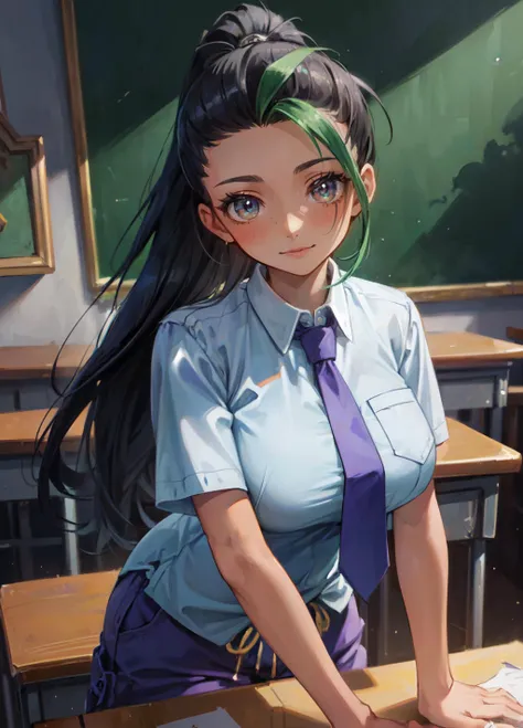 (best quality, ultra detailed), (full-face blush), (detailed background:1.2), (perfect face, detailed face), looking at viewer, (mature female:1.4), ismelda, 1girl, long hair, (solo:1.1), green eyes, black hair, green hairclip, (hair over one eye, thick lips:1.4), waist, narrow waist, (freckles, choker, pleated skirt:1.2), (black miniskirt), school uniform, jewelry, earrings, collared shirt, white shirt, big breasts, green necktie, (striped necktie), sharp focus, sexually suggestive, puckered lips, indoors, school desk, brick wall, window, standing, cowboy shot, (depth of field, thick thighs), <lora:IsmeldaMurk:0.7>>