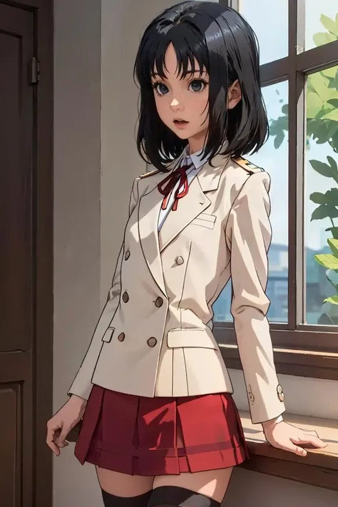 (masterpiece, best quality), 1girl, 22 years old,   <lora:yoshino_ver1.0:1> yoshino, black hair, medium hair, black eyes, flat chest, school uniform, beige blazer, neck ribbon, red skirt, black thighhighs,