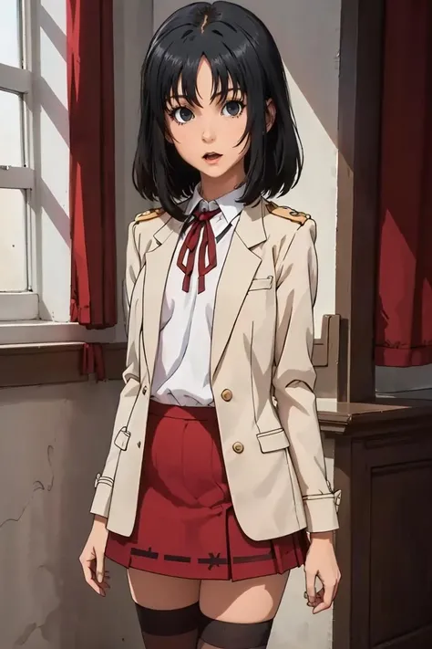 (masterpiece, best quality), 1girl, 22 years old, <lora:yoshino_ver1.0:1> yoshino, black hair, medium hair, black eyes, flat chest, school uniform, beige blazer, neck ribbon, red skirt, black thighhighs,