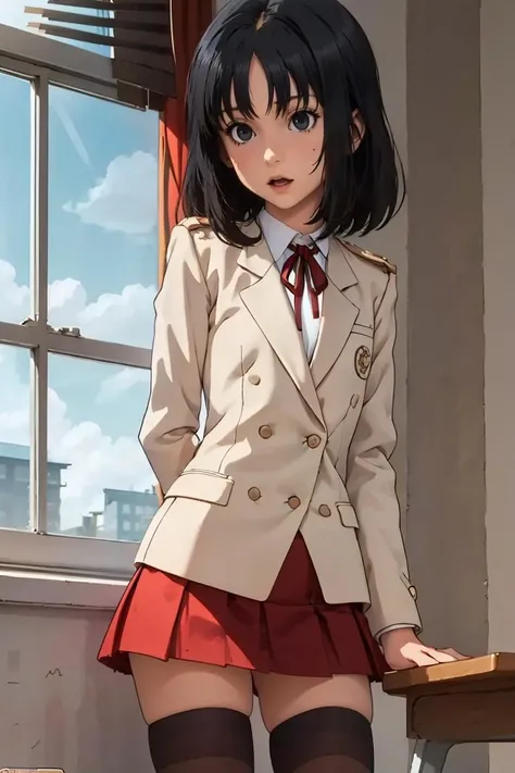 (masterpiece, best quality), 1girl, 22 years old, <lora:yoshino_ver1.0:1> yoshino, black hair, medium hair, black eyes, flat chest, school uniform, beige blazer, neck ribbon, red skirt, black thighhighs,