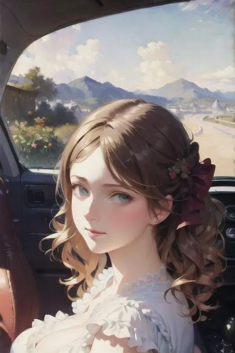 <lora:Victorian Anime Art v 2.0:0.3>,<lora:Victorian Anime Art:0.7>, (masterpiece, best quality:2.0), ((hyper detailed face, detailed eyes, best lighting, best shadows)), 1girl, girl posing for Monet, cafe, car, forest, beach, ocean, mountains, snow, (art by Monet) , long eyelashes