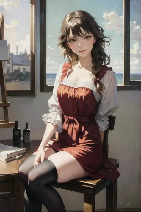 <lora:Victorian Anime Art:0.8>, (masterpiece, best quality:2.0), ((hyper detailed face, hyper detailed, realistic, realistic face, realistic eyes, realistic nose, photorealistic, traditional media, hyper detailed pupils, best lighting, best shadows)), 1girl, ((small breasts, black hair, golden eyes, long hair, full body)), girl sitting in an art studio, smiling, blushing, Japanese, black shoes, red dress, stockings, desk, paintbrushes, easel, canvas, pencils on desk, (art by Monet)