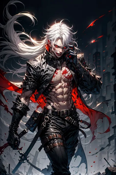 (masterpiece:1.1), (best quality:1.1), (detailed:1.1), (vibrant colors:1.2),BREAK,
(dark fantasy:1.0), (horror:1.0), BREAK,
(solo:1.2), (wide shot:1.0), (dynamic pose:1.2), (1man:1.2), (male focus:1.2), (vampire:1.1), (abs:1.0), (red eyes:1.0), (glowing eyes:1.0), (baring teeth:1.1), (dripping blood:1.1), (blood:1.1), (white hair:1.1), (long hair:1.0), (aggressive:1.1), (Vampires of Doom:1.0), <lora:Vampires:0.6>,