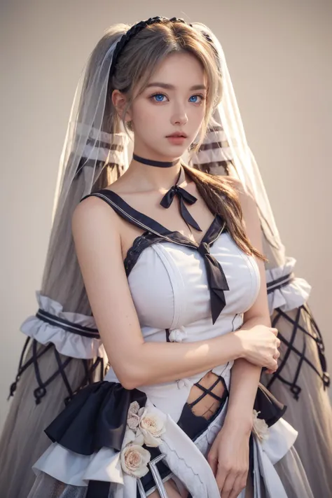(Best Quality, Masterpiece:1.4), (Realism:1.2), (Realisitc:1.2), (Absurdres:1.2), (photorealistic:1.3), 1girl,Realistic Skin,Solo,( Very Big Eyes,beautiful detailed eyes, symmetric eyes), ((cowboy shot)), outdoors,timeless dress-hairstyle, outfit-timeless dress, 1girl, long hair, solo, veil, twintails, red eyes, looking at viewer, hair ornament, grey hair, cowboy shot, simple background <lora:[LoRa] Timeless Classics Clothes (Formidable) Azur lane Clothing:1>