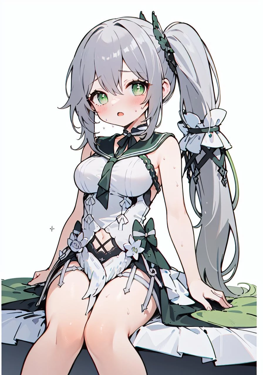 outfit-timeless dress, 1girl, grey hair, green eyes,solo,side ponytail,milf, blush, looking at viewer, open mouth, bangs,
closed_mouth,sweat,
from,
masterpiece, best_quality, clear details,1girl, sitting on_chair,
white_background,simple_background <lora:OUTFIT-formidable_timeless_classicsD:1> <lora:char-nahida-ori3:1>