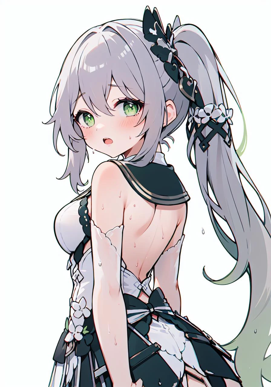 outfit-timeless dress, 1girl, grey hair, green eyes,solo,side ponytail,milf, blush, looking at viewer, open mouth, bangs,
closed_mouth,sweat,
from,
masterpiece, best_quality, clear details,1girl, (from_behind) (looking_back),
white_background,simple_background <lora:OUTFIT-formidable_timeless_classicsD:1> <lora:char-nahida-ori3:1>