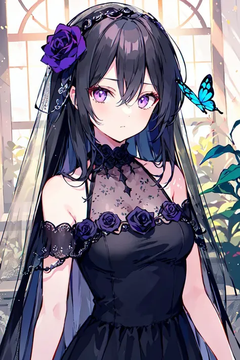 <lora:Onineko:0.8>1girl, black flower, solo, bug, butterfly, black rose, black hair, veil, purple eyes, long hair, flower, looking at viewer, bangs, hair ornament, upper body, hair flower, dress, closed mouth, rose, black dress
