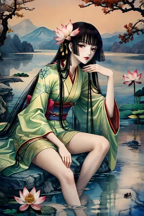 masterpiece, analog, highres, 4k, best quality, traditional painting, close up shot,
1girl, solo, <lora:äºæ¬¡å
yuko:0.8>, yuko, black hair, red eyes, long hair, bangs, pale skin, blunt bangs, lipstick, hime cut, makeup, kimono, floral print kimono, hair pin, gold ornament, naughty face, BREAK,
sitting on stone, feet in water, twilight,
wild geese flying, (lotus, lotus leaf:1.15), pond, mist, distant mountains, distant gazebo, fall colors, light green and light red, (starry sky:0.7), vibrantly colored sky,
<lora:add_detail:0.8> <lora:ãå½ç»å±±æ°´ãéç»¿è² ä¸å½ç» juaner:0.8> <lora:LowRA:0.6>