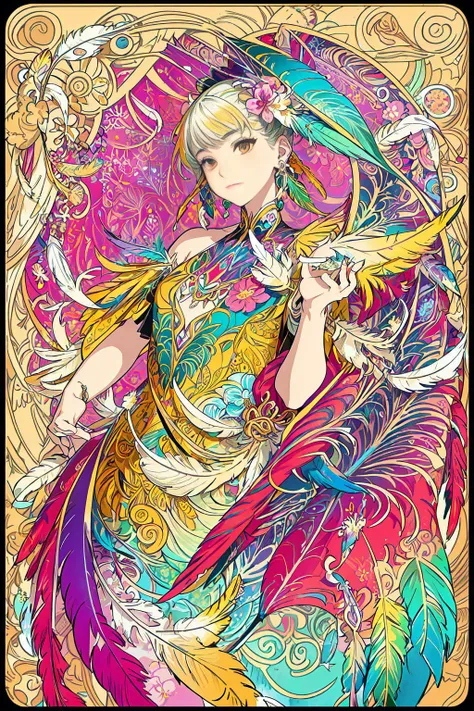 (masterpiece, top quality, best quality, official art, beautiful and aesthetic:1.2), (1girl:1.3), extremely detailed,(fractal art:1.1),(colorful:1.1)(flowers:1.3),highest detailed,(zentangle:1.2), full body, (abstract background:1.3), (shiny skin), (many colors:1.4), ,(earrings), (feathers:1.5),