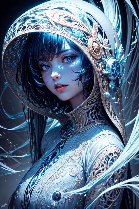 Beautiful woman, realistic facial expression, short black hair, light blue eyes, pale skin, wearing a black behaved robe with intricate decorations, witch, serene expression (dynamic angle, dazzling blue eyes, small and delicate necklace, beautiful smile), (magical school background, fireflies, bright particles, ethereal mist, faint darkness), high saturation, film light, edge light, best shadow --auto --s2