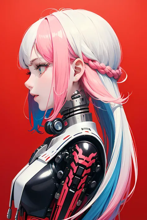 (masterpiece, top quality, best quality, official art, beautiful and aesthetic:1.2), (digital art:1.3), Painted, matte painting, color contrast, dark shadows, woman, (long  white pink gradient hair), face profile, (simple colorful background:1.4), (portrait face only), <lora:add_detail:-1.9>, 1mechanical girl, portrait, ornaments, neon, machanical limbs,(mechanical vertebra attaching to back),(mechanical cervial attaching to neck),(wires and cables connecting to head), intricate, <lora:flatcolor:0.2>, ((side view)), ((simple red background)), blue hair highlights, very delicated hair details, half white half pink hair, a lot of beautiful vibrant pink hair highlights , very beautiful pink eye